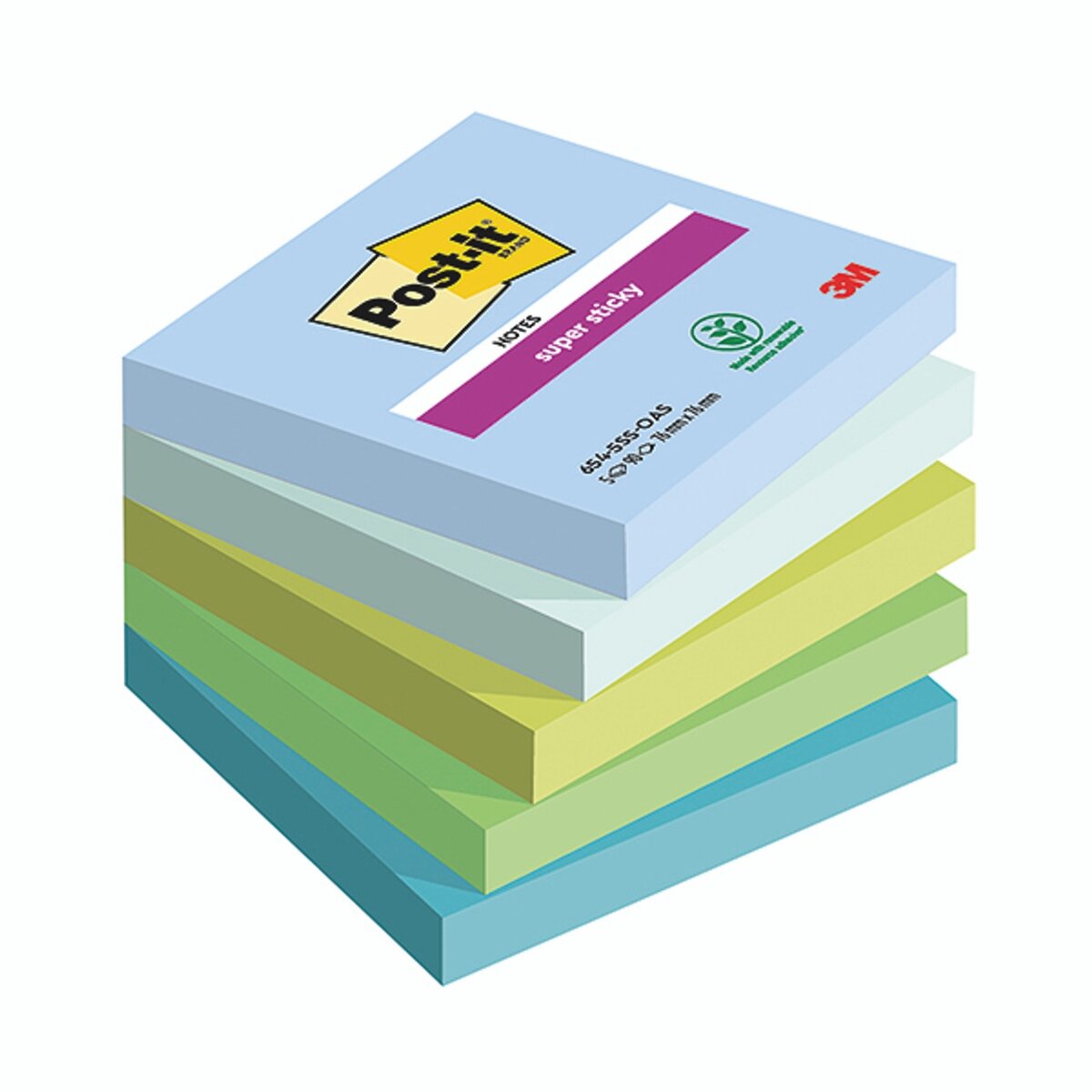 Lipnūs lapeliai Post-it Super Sticky 76 mm x 76 mm, pak. - 5 blokeliai, po 90 lapelių, melsvos spal Lipnūs lapeliai Post-it Super Sticky 76 mm x 76 mm, pak. - 5 blokeliai, po 90 lapelių, melsvos spal