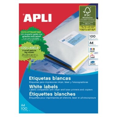 Lipnios etiketės APLI, 105 x 70 mm, A4, 8 lipdukai lape, 100 lapų, balta Lipnios etiketės APLI, 105 x 70 mm, A4, 8 lipdukai lape, 100 lapų, balta