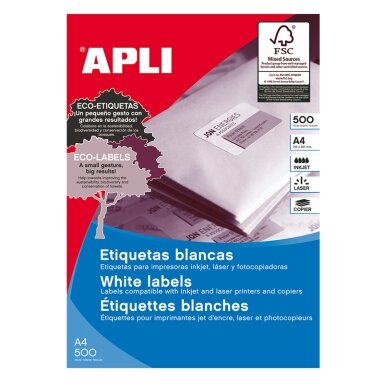 Lipnios etiketės APLI, 105 x 74 mm, A4, 8 lipdukai lape, 500 lapų, balta sp Lipnios etiketės APLI, 105 x 74 mm, A4, 8 lipdukai lape, 500 lapų, balta sp