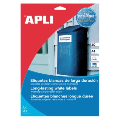 Lipnios etiketės APLI, 64,6 x 33,8 mm, A4, atsparūs, 24 lipdukai lape, 20 lapų, balta Lipnios etiketės APLI, 64,6 x 33,8 mm, A4, atsparūs, 24 lipdukai lape, 20 lapų, balta