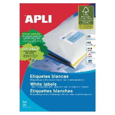 Lipnios etiketės APLI, 70 x 37 mm, A4, 24 lipdukai lape, 25 lapai, balta Lipnios etiketės APLI, 70 x 37 mm, A4, 24 lipdukai lape, 25 lapai, balta