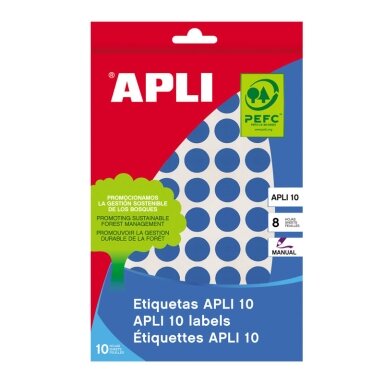 Lipnios etiketės APLI, apvalūs, diam., 10 mm, 8 l., mėlyna Lipnios etiketės APLI, apvalūs, diam., 10 mm, 8 l., mėlyna