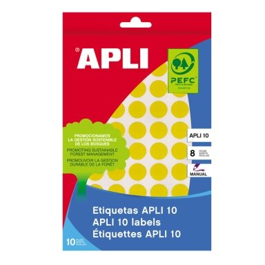 Lipnios etiketės APLI, apvalūs, diam., 13 mm, 8 l., geltona Lipnios etiketės APLI, apvalūs, diam., 13 mm, 8 l., geltona