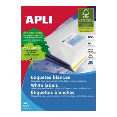 Lipnios etiketės APLI, 210 x 297 mm, A4, 1 lipdukai lape, 25 lapai, balta 1