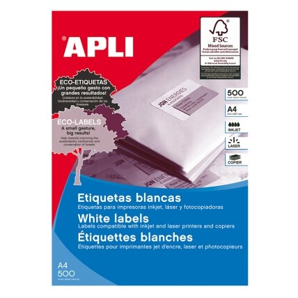 Lipnios etiketės APLI, 105 x 74 mm, A4, 8 lipdukai lape, 500 lapų, balta sp Lipnios etiketės APLI, 105 x 74 mm, A4, 8 lipdukai lape, 500 lapų, balta sp