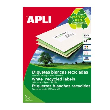 Lipnios etiketės APLI, 210 x 297 mm, A4, perdirbti, 1 lipdukai lape, 100 lapų, balta Lipnios etiketės APLI, 210 x 297 mm, A4, perdirbti, 1 lipdukai lape, 100 lapų, balta