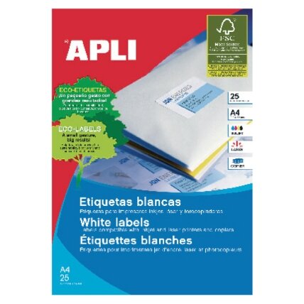 Lipnios etiketės APLI, 70 x 37 mm, A4, 24 lipdukai lape, 25 lapai, balta Lipnios etiketės APLI, 70 x 37 mm, A4, 24 lipdukai lape, 25 lapai, balta