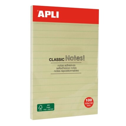 Lipnūs lapeliai Apli Classic, 100 x 150 mm, 100 lapelių, linijomis, geltona Lipnūs lapeliai Apli Classic, 100 x 150 mm, 100 lapelių, linijomis, geltona