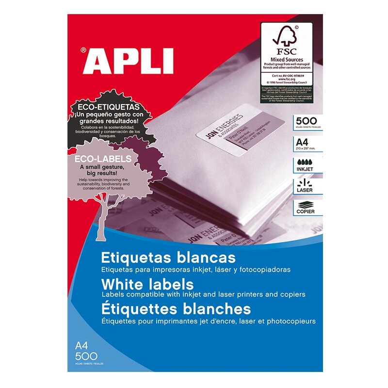 Lipnios etiketės APLI, 105 x 74 mm, A4, 8 lipdukai lape, 500 lapų, balta sp Lipnios etiketės APLI, 105 x 74 mm, A4, 8 lipdukai lape, 500 lapų, balta sp