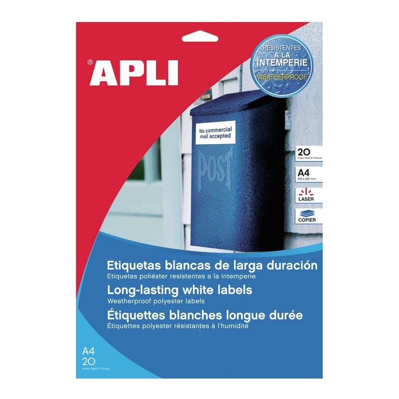 Lipnios etiketės APLI, 64,6 x 33,8 mm, A4, atsparūs, 24 lipdukai lape, 20 lapų, balta 1