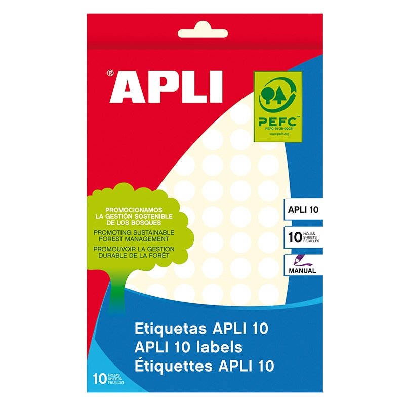 Lipnios etiketės APLI, apvalūs, diam. 10 mm,18 l., balta Lipnios etiketės APLI, apvalūs, diam. 10 mm,18 l., balta