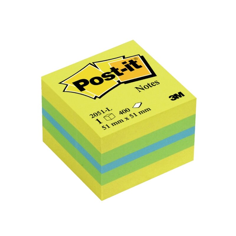Lipnių lapelių kubas POST-IT MINI LEMON, 51 x 51 mm, 400 lapelių, įvairios spalvos