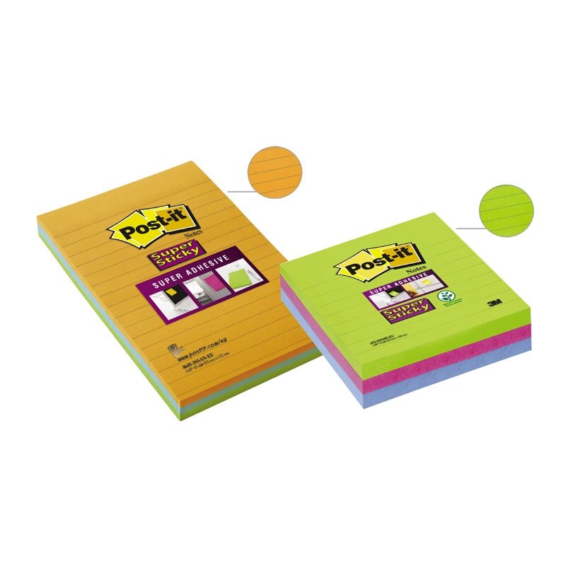 Lipnūs lapeliai POST-IT SUPER STICKY ULTRA, 101x152mm, įvairios spalvos, 3 vnt./pak. 1 Lipnūs lapeliai POST-IT SUPER STICKY ULTRA, 101x152mm, įvairios spalvos, 3 vnt./pak. 1