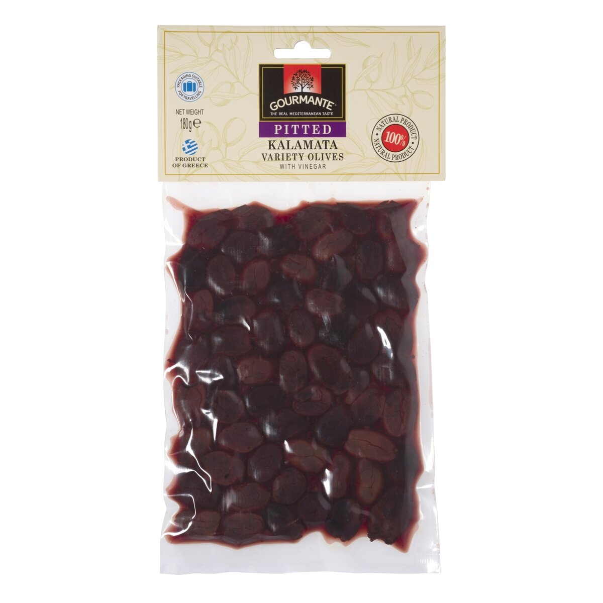Marinuotos kalamata alyvuogės GOURMANTE, be kauliuko, acte, 180g Marinuotos kalamata alyvuogės GOURMANTE, be kauliuko, acte, 180g