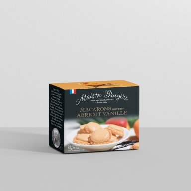Migdoliniai sausainiai MAISON BRUYERE, macarons su abrikosu ir vanile, 60 g Migdoliniai sausainiai MAISON BRUYERE, macarons su abrikosu ir vanile, 60 g