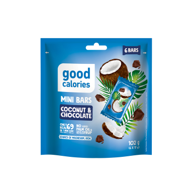 Mini riešutų batonėliai GOOD CALORIES su kokosais ir šokoladu, 102 g Mini riešutų batonėliai GOOD CALORIES su kokosais ir šokoladu, 102 g