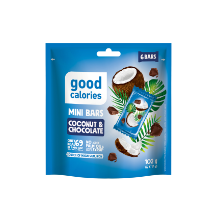 Mini riešutų batonėliai GOOD CALORIES su kokosais ir šokoladu, 102 g Mini riešutų batonėliai GOOD CALORIES su kokosais ir šokoladu, 102 g