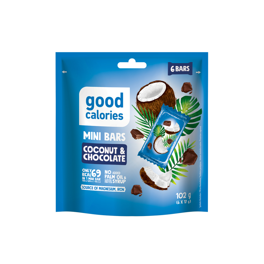 Mini riešutų batonėliai GOOD CALORIES su kokosais ir šokoladu, 102 g Mini riešutų batonėliai GOOD CALORIES su kokosais ir šokoladu, 102 g