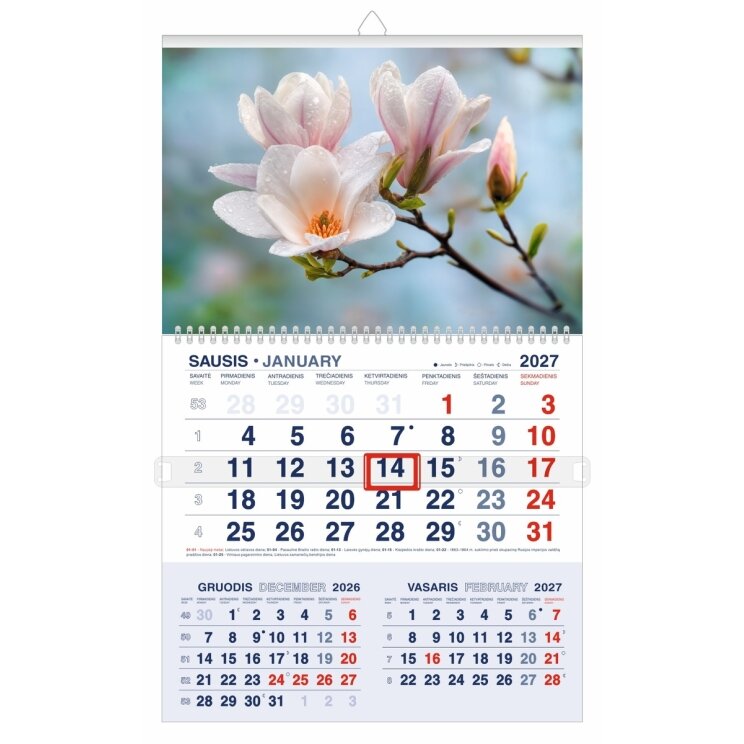 Pakabinamas kalendorius MAGNOLIJŲ ŽIEDAI 2027, trys viename, 30,3 x 52 cm