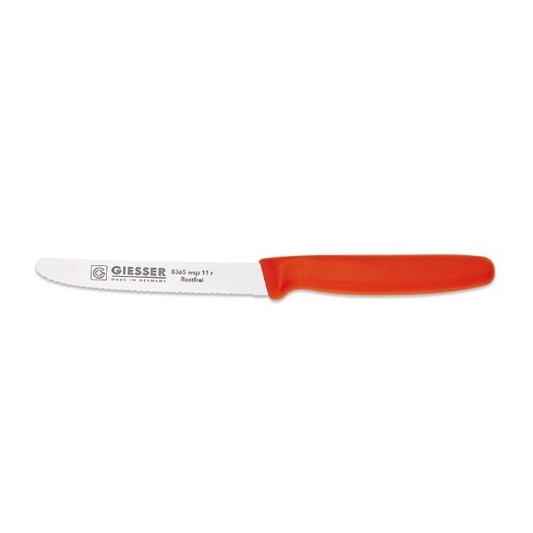 Peilis Giesser, dantytais ašmenimis, raudona plastikine rankena, L 11 cm, vnt
