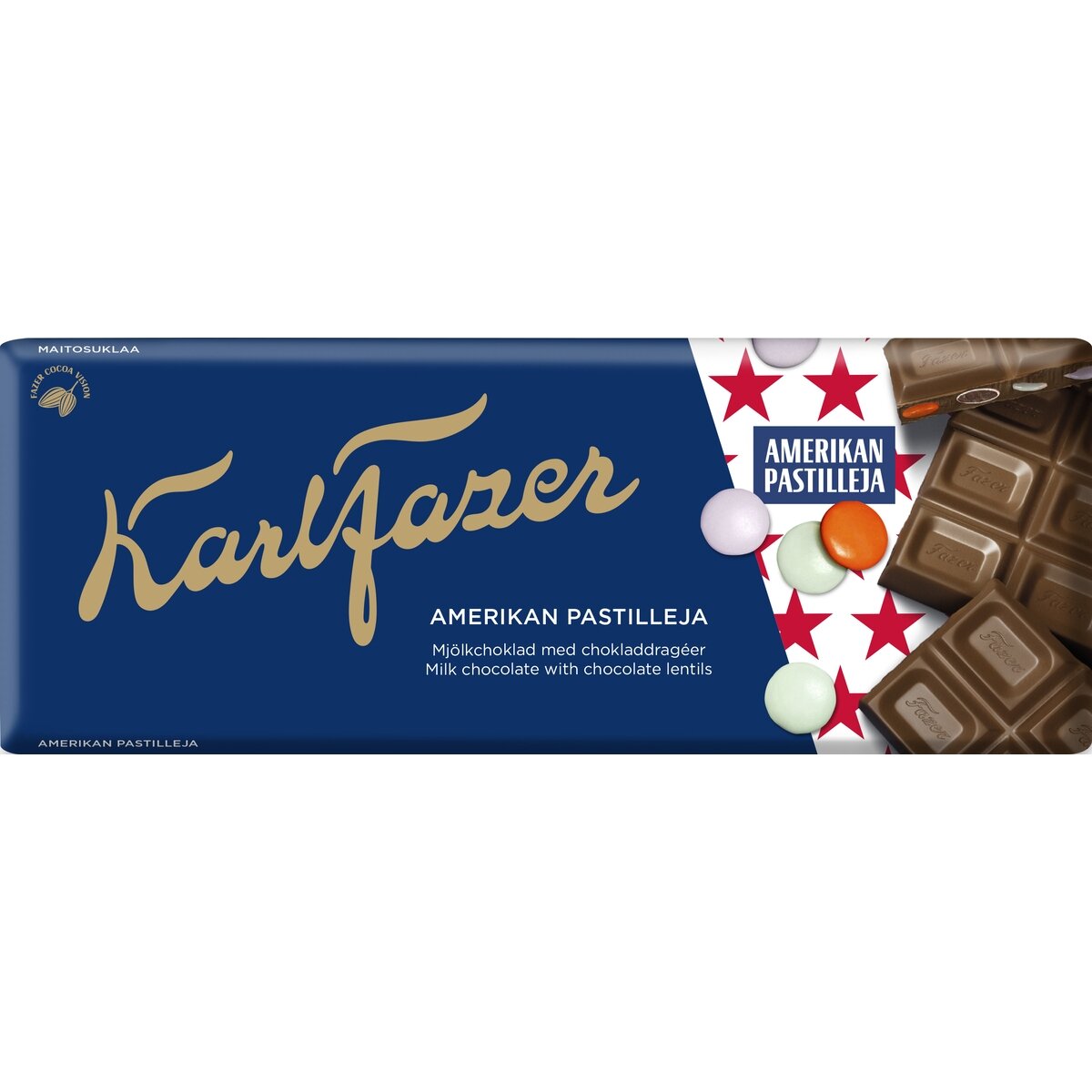 Pieninis šokoladas KARL FAZER, su dražė,180 g Pieninis šokoladas KARL FAZER, su dražė,180 g
