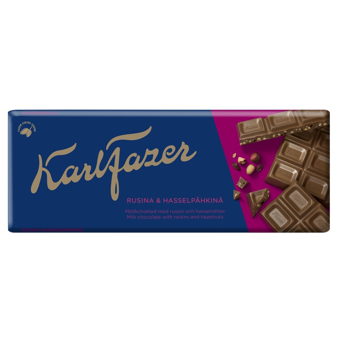 Pieninis šokoladas KARL FAZER, su razinomis ir riešutais, 180 g Pieninis šokoladas KARL FAZER, su razinomis ir riešutais, 180 g