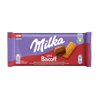 Pieninis šokoladas MILKA Biscoff iš Alpių pieno su karamelizuotų sausainių gabalėliais, 90 g Pieninis šokoladas MILKA Biscoff iš Alpių pieno su karamelizuotų sausainių gabalėliais, 90 g