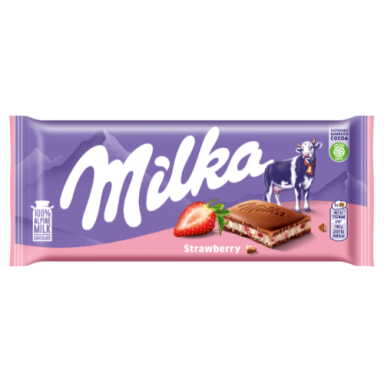 Pieninis šokoladas MILKA, iš Alpių pieno, su braškių skonio įdaru, 100 g