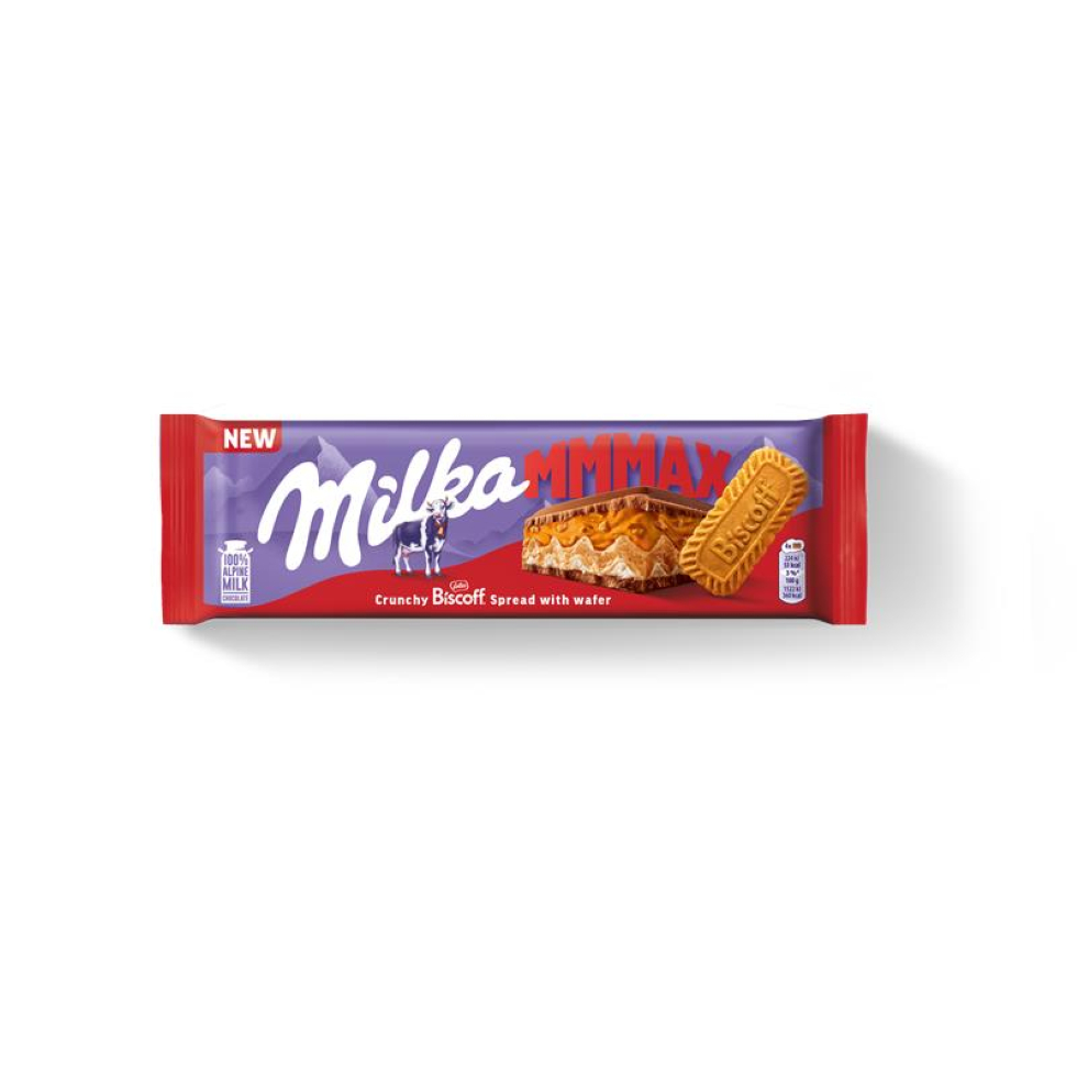 Pieninis šokoladas MILKA Biscoff iš Alpių pieno su karamelizuotų sausainių gabalėliais, 275g