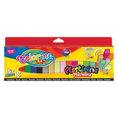 Plastilinas Colorino Kids, kvadratinės formos, 18 mix spalvų (auksinė, sidabrinė, šviečianti tamsoje Plastilinas Colorino Kids, kvadratinės formos, 18 mix spalvų (auksinė, sidabrinė, šviečianti tamsoje
