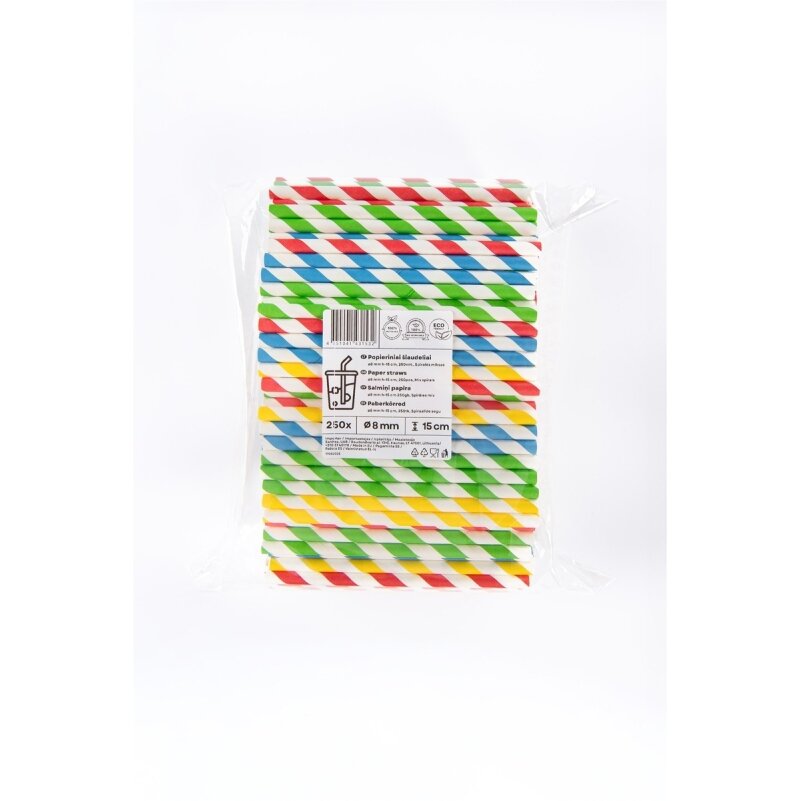 Popieriniai šiaudeliai, spalvotos spiralės, D 8 mm, L 15 cm, 250 vnt