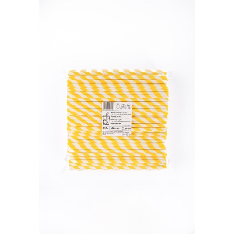 Popieriniai šiaudeliai ZigZag, geltoni/dryžuoti, D 8 mm, L 24 cm, 250 vnt