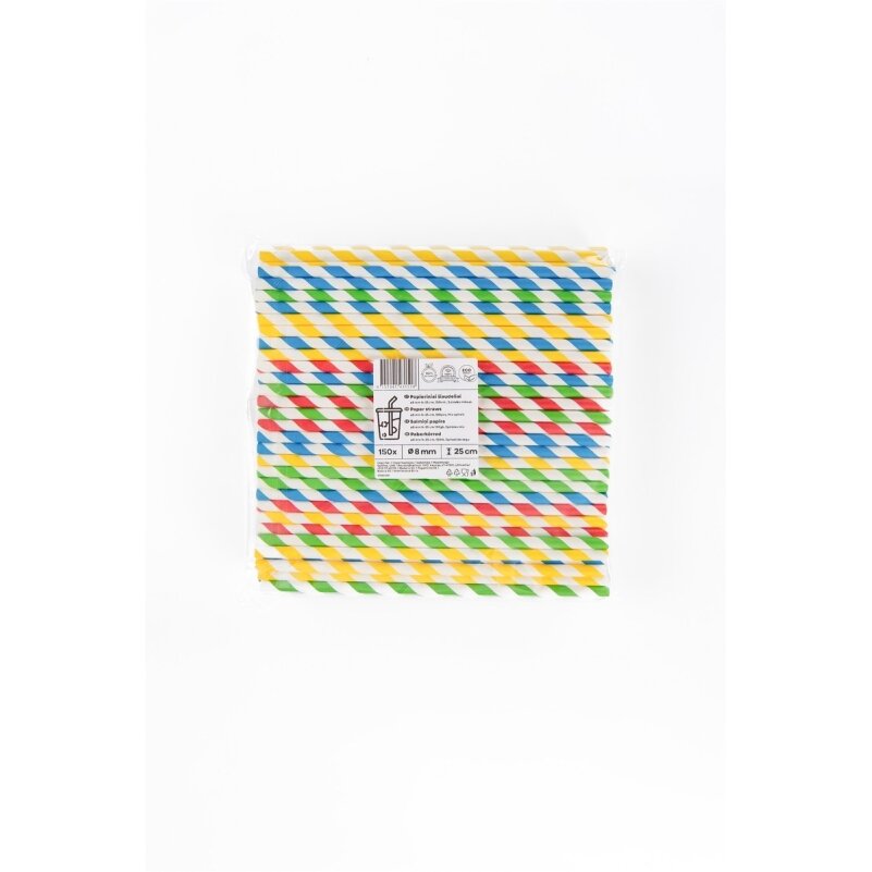 Popieriniai šiaudeliai ZigZag, spalvoti/dryžuoti, D 8 mm, L 25 cm, 150 vnt