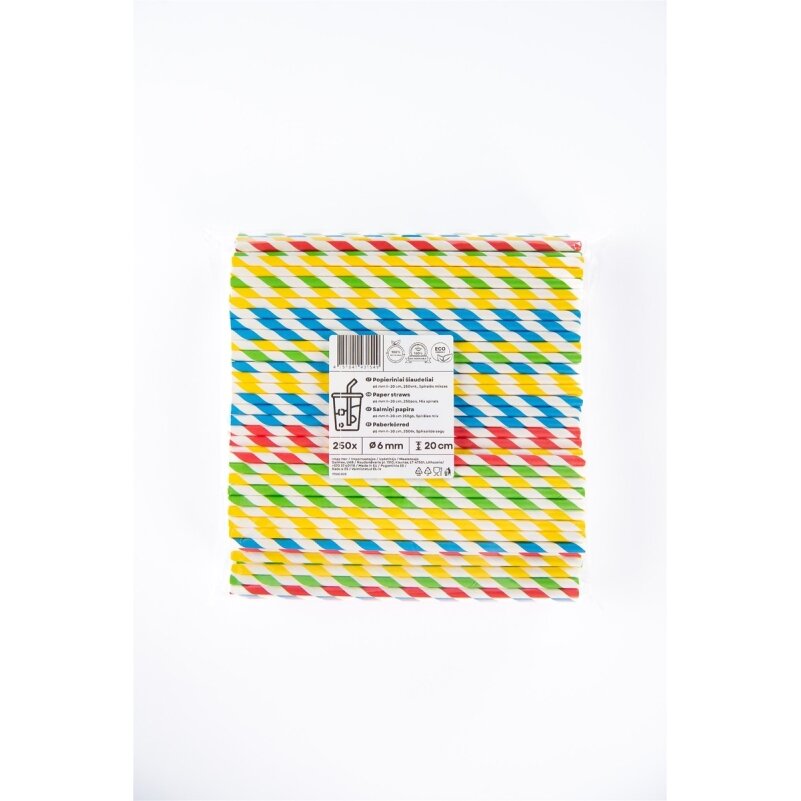 Popieriniai šiaudeliai ZigZag, spalvoti/dryžuoti, D6 mm, L 20 cm, 250 vnt