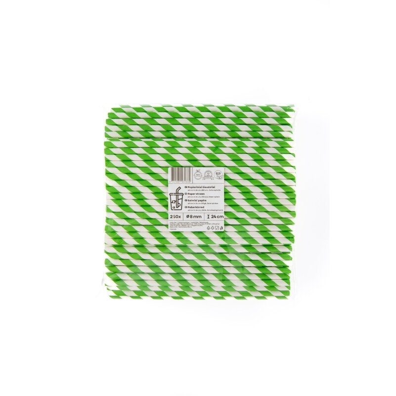 Popieriniai šiaudeliai ZigZag, žali/dryžuoti, D 8 mm, L 24 cm, 250 vnt