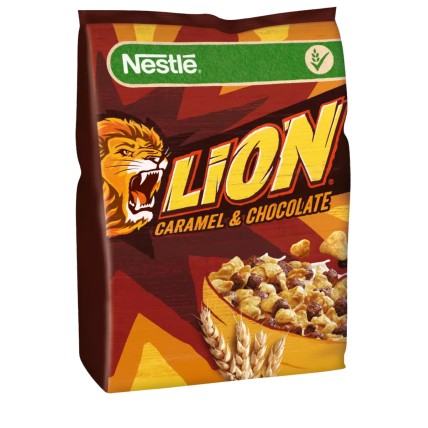 Pusryčių dribsniai NESTLE, Lion, su šokoladu ir karamele, 450g Pusryčių dribsniai NESTLE, Lion, su šokoladu ir karamele, 450g