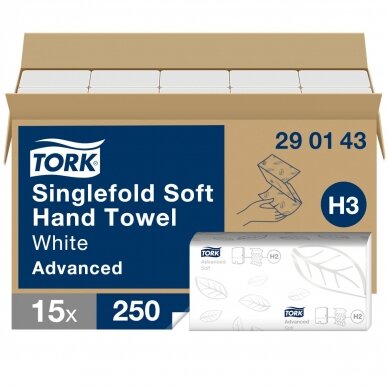 Rankų valymo servetėlės TORK Soft Singlefold H3, 290143, 2 sl., 250 serv., 23 x 22,6 cm, balta sp. 1