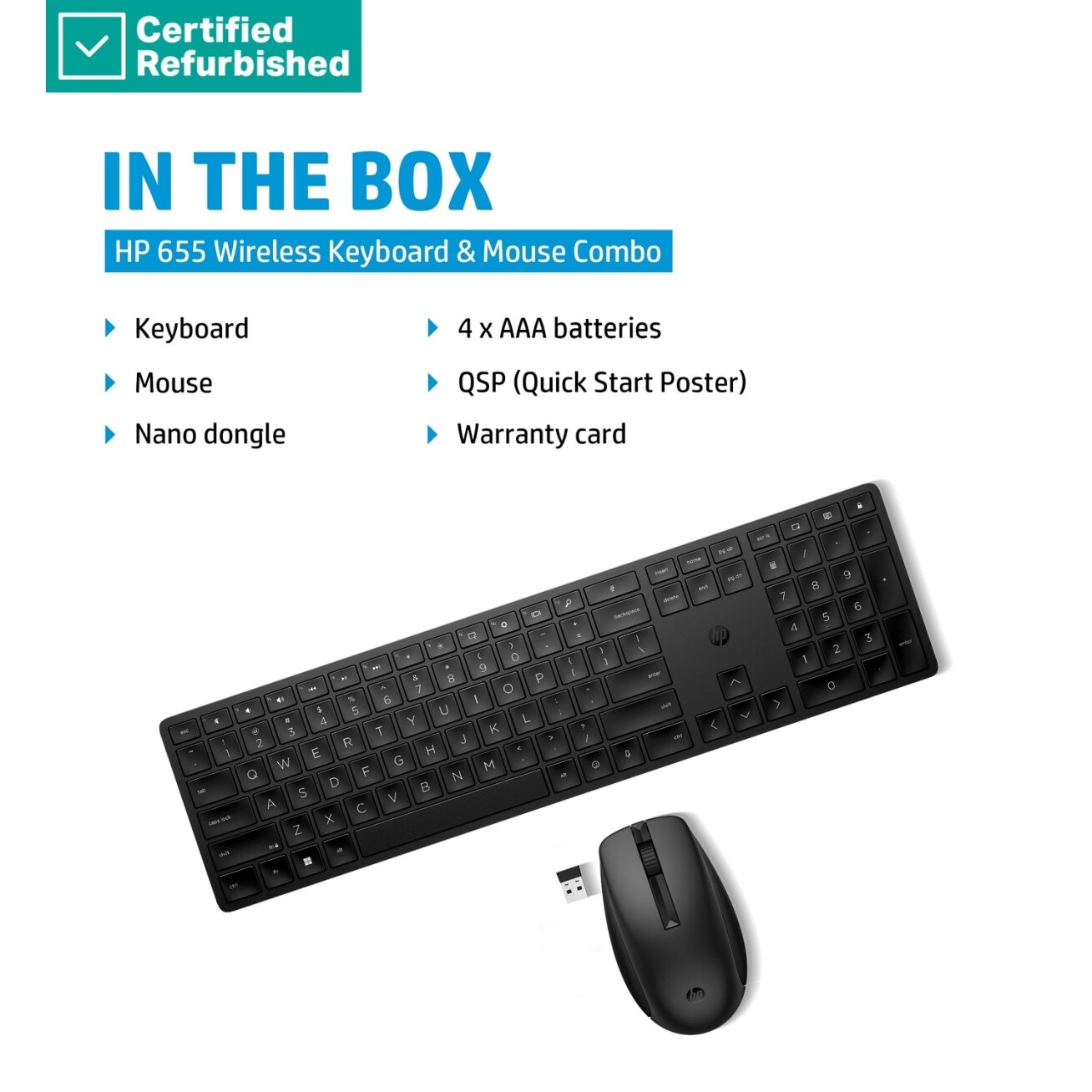 RENEW GOLD HP 655 Wireless Mouse Keyboard Combo, spill resistant - Black - US ENG 3 RENEW GOLD HP 655 Wireless Mouse Keyboard Combo, spill resistant - Black - US ENG 3