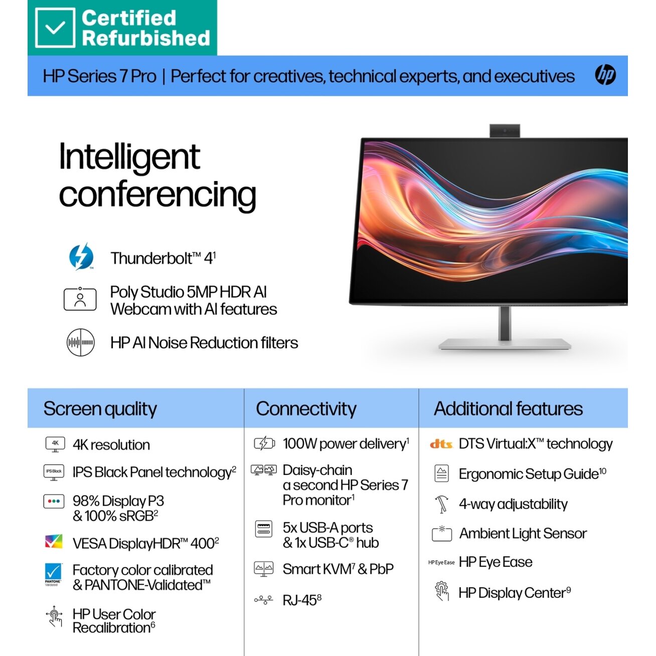 RENEW SILVER HP 727pm Series 7 Pro 4K Conferencing Monitor - 27" 3840x2160 UHD 400-nit 60Hz AG, IPS Black HDR 400, USB-C(100W/15W)/HDMI/DP Daisy-Chain, 5x USB-A, speakers, 5MP webcam, RJ-45 LAN, height adjustable/tilt/swivel/pivot, 1 years 3