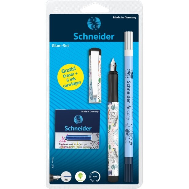 Rinkinys SCHNEIDER: plunksnakotis GLAM+Corry+6 rašalo kapsulės Rinkinys SCHNEIDER: plunksnakotis GLAM+Corry+6 rašalo kapsulės