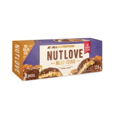 Sausainiai NUT LOVE su karamele ir žemės riešutais, aplieti pieniniu šokoladu, 128 g Sausainiai NUT LOVE su karamele ir žemės riešutais, aplieti pieniniu šokoladu, 128 g