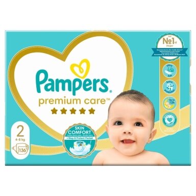 Sauskelnės PAMPERS Premium Care, Mega Box, 2 dydis, 136 vnt. Sauskelnės PAMPERS Premium Care, Mega Box, 2 dydis, 136 vnt.