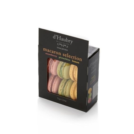 Sausainiai D'HAUBRY Macaroons, pistacijų, citrinų ir braškių skonio, 6vnt., 72 g