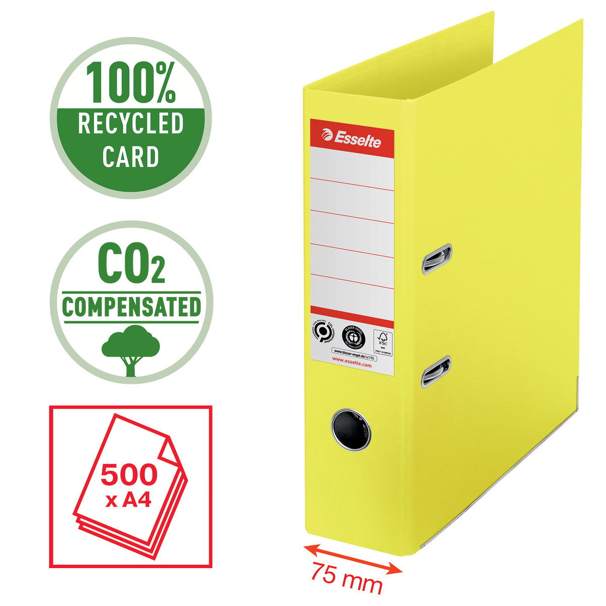 Segtuvas ESSELTE No1 CO2 Neutral, A4, kartoninis, 75 mm, geltona Segtuvas ESSELTE No1 CO2 Neutral, A4, kartoninis, 75 mm, geltona