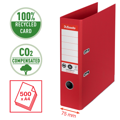Segtuvas ESSELTE No1 CO2 Neutral, A4, kartoninis, 75 mm, raudona Segtuvas ESSELTE No1 CO2 Neutral, A4, kartoninis, 75 mm, raudona