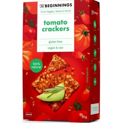 Sėklų krekeriai THE BEGINNINGS, su pomidorais, 80g Sėklų krekeriai THE BEGINNINGS, su pomidorais, 80g