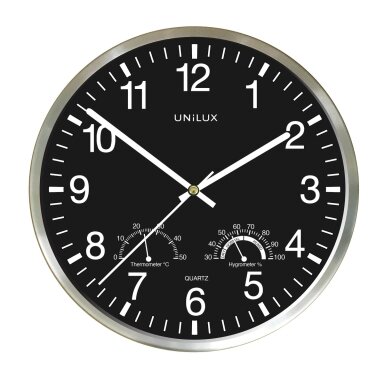 Sieninis laikrodis UNILUX WETTY 30cm, su termometru ir higrometru Sieninis laikrodis UNILUX WETTY 30cm, su termometru ir higrometru