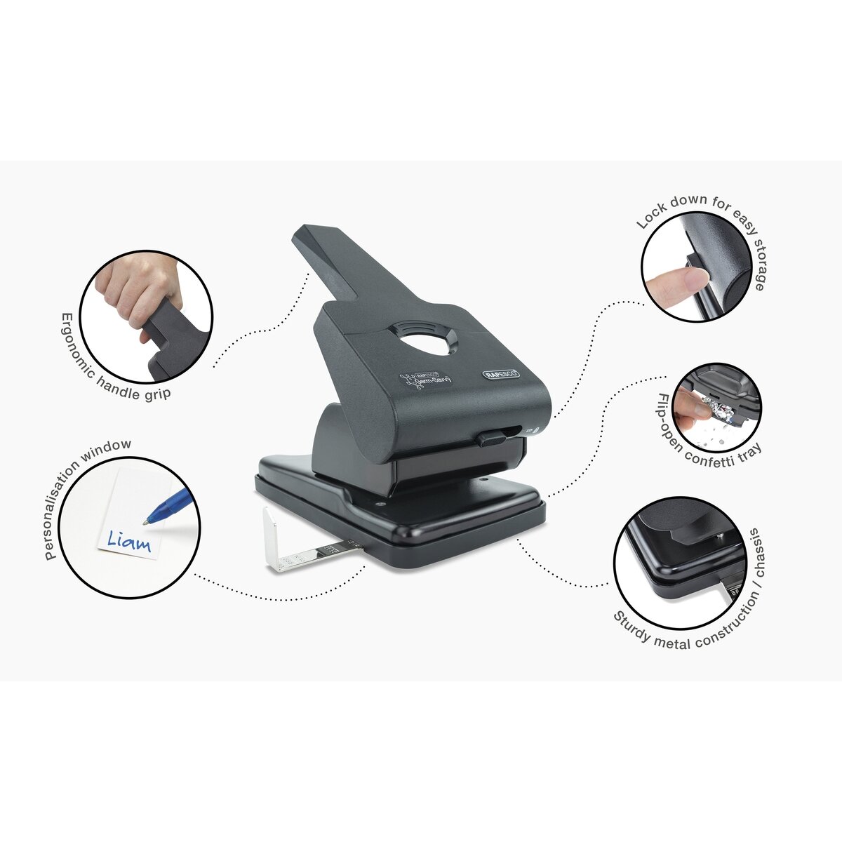 Skylmuša RAPESCO Germ-Savvy™: HD865, 2 skylių, 50 lapų, juoda 1 Skylmuša RAPESCO Germ-Savvy™: HD865, 2 skylių, 50 lapų, juoda 1
