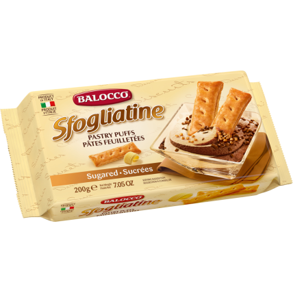 Sluoksniuotos tešlos sausainiai, BALOCCO, Sfogliatine Zuccherate, 200 g Sluoksniuotos tešlos sausainiai, BALOCCO, Sfogliatine Zuccherate, 200 g