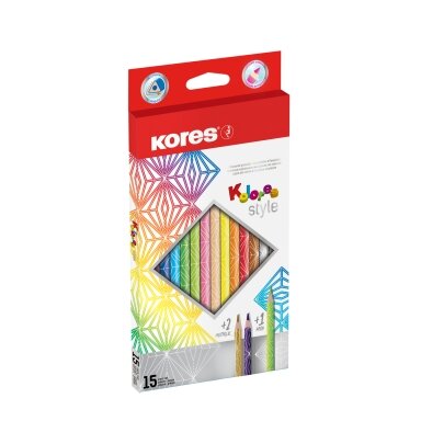 Spalvoti pieštukai KORES KOLORES STYLE, tribriauniai, 3mm, 15 spalvų (2 metalizuotos spalvos ir 1 neoninė)